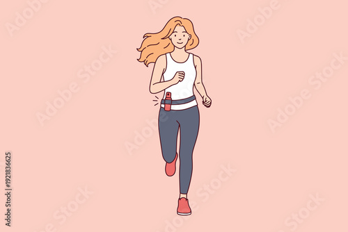 Athletic girl jogging with pepper spray on her belt for protection. Concept of female safety during outdoor sports, running security, and crime prevention for athletes.