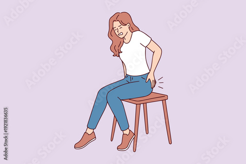 Female character having difficulty sitting down because of rectal discomfort. Concept of hemorrhoid pain, proctology medical issues, and physical inflammation symptoms.