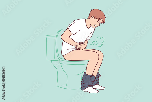 Man sitting on toilet suffering from flatulence, hemorrhoids, and diarrhea. Concept of digestive problems, stomach ache, and medical discomfort in the bathroom.