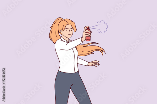 Young woman using pepper spray or tear gas for self-protection in a dangerous situation. Concept of personal safety and female empowerment against threats.