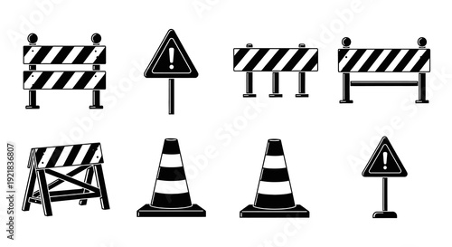 Black and white vector icons depicting road barriers traffic cones and warning signs high quality professional