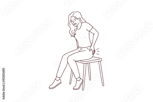 Coloring book illustration of a woman having difficulty sitting due to rectal discomfort and proctology issues. Medical health awareness line art.