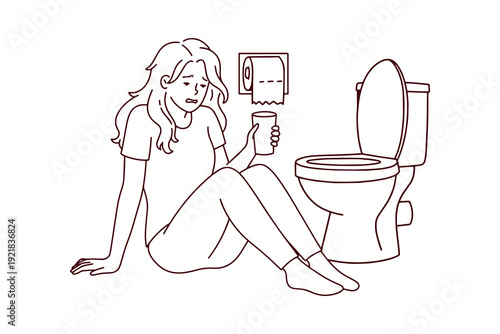 B&W outline of a sick woman feeling nausea near a toilet. Depicts early pregnancy morning sickness or alcohol hangover symptoms for coloring.