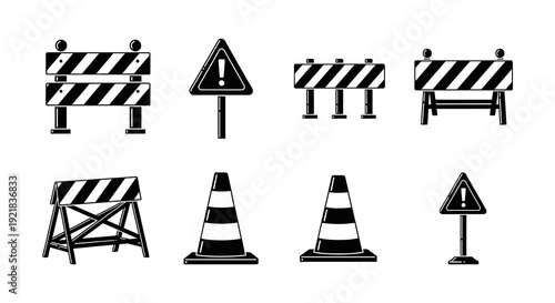 Collection of monochrome road signs and barriers including cones and warning symbols high quality professional detailed