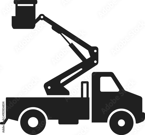 Bucket Truck Silhouette Vector, Aerial Lift Utility Vehicle, Boom Lift Truck Icon for Construction, Maintenance, Electric Work, Industrial Use