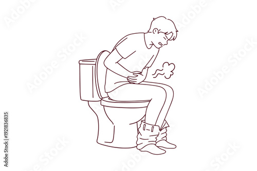 Black and white sketch of a man suffering from flatulence, constipation, and hemorrhoids while sitting on the toilet. Digestive health coloring page.