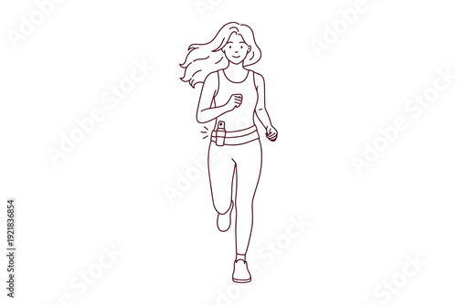 Line art of an athletic woman jogging with pepper spray on her belt for protection. Concept of safe outdoor sports and crime prevention coloring page.