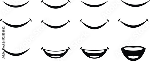 Grid of stylized mouth illustrations showing progressive smile stages, from subtle curve to wide open expression, symbolizing emotions, facial animation, character design, and communication