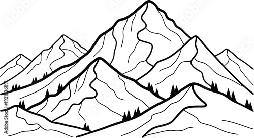 Monochromatic graphic illustration of majestic mountain peaks with stylized pine trees conveying a sense of adventure exploration and the grandeur of nature's rugged terrain