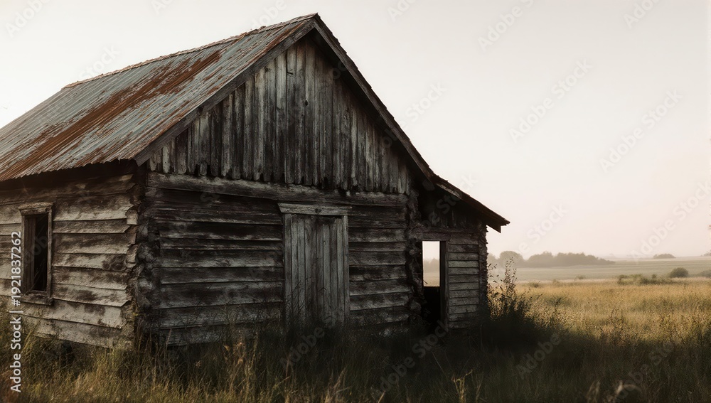 Obraz premium Old, weathered wooden shack in a field, bathed in soft, warm light