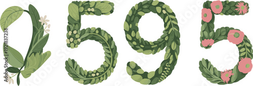 Numbers 1, 5, 9, 5 creatively formed from lush green leaves and delicate pink flowers digits
