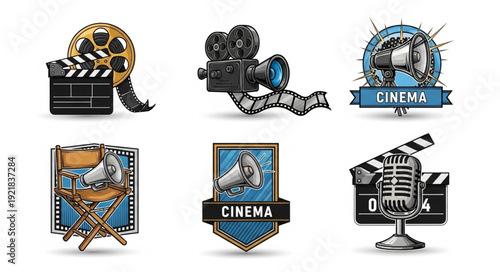 Collection of vintage cinema and film icons and symbols.