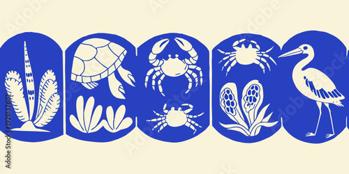 A series of blue and white illustrations depicting various marine life