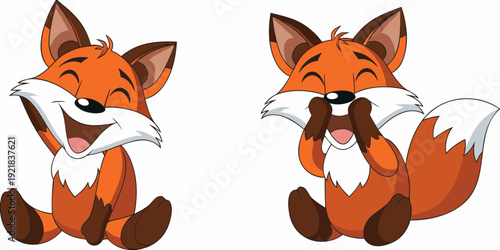 Two cheerful cartoon foxes playfully covering their faces with paws