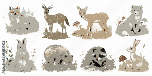 Watercolor illustrations of forest animals including a fox deer and rabbits
