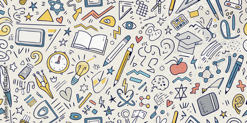 Colorful doodle pattern featuring school supplies and academic symbols