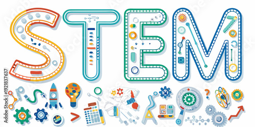 Colorful stem lettering with science technology engineering and math icons