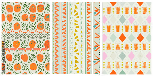 Three vibrant panels displaying repeating geometric and organic patterns