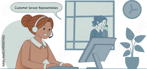 Two female customer service representatives are depicted in a stylized illustration. The primary figure, positioned on the left side of the frame, is a young woman, likely of European descent, with br