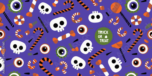 Festive halloween pattern featuring skulls eyes and candy elements