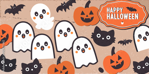 Cute halloween ghosts pumpkins and black cats on a beige background