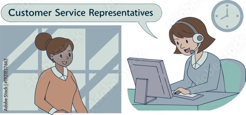 Two female customer service representatives are depicted in a stylized illustration. The primary figure, positioned on the left side of the frame, is a young woman, likely of European descent, with br