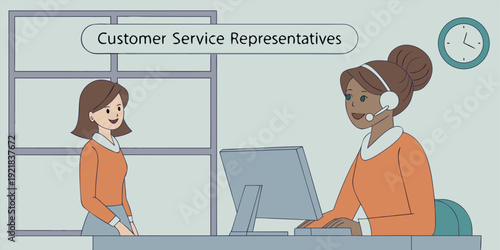 Two female customer service representatives are depicted in a stylized illustration. The primary figure, positioned on the left side of the frame, is a young woman, likely of European descent, with br