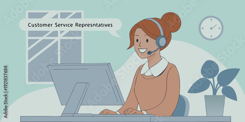 Two female customer service representatives are depicted in a stylized illustration. The primary figure, positioned on the left side of the frame, is a young woman, likely of European descent, with br