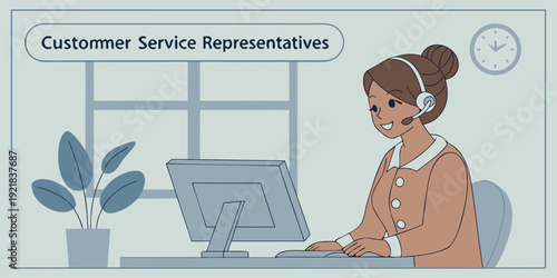 Two female customer service representatives are depicted in a stylized illustration. The primary figure, positioned on the left side of the frame, is a young woman, likely of European descent, with br