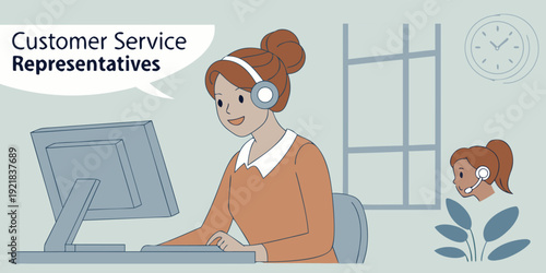 Two female customer service representatives are depicted in a stylized illustration. The primary figure, positioned on the left side of the frame, is a young woman, likely of European descent, with br