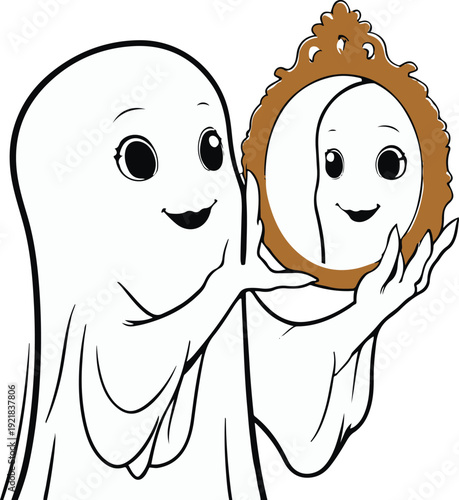 ghost holding small oval mirror, clear reflection viewing pose