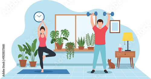 Couple Doing Home Workout with Yoga and Dumbbell Exercise Vector Illustration