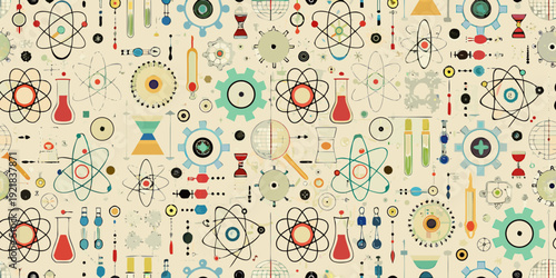 A colorful seamless pattern of science and chemistry related icons