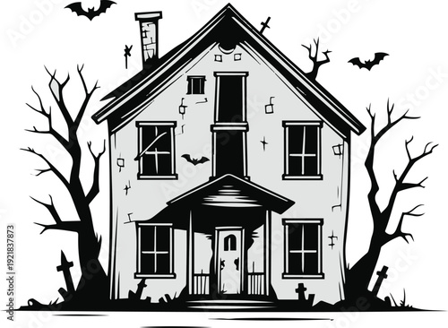 Minimalist horror line art, bold black outline, thick stroke, clean vector style, pure white background, haunted house with crooked roof and broken windows, slightly tilted structure, 3