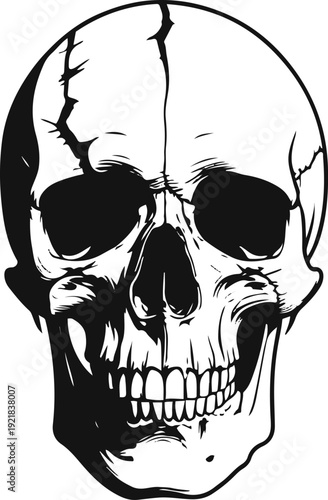Minimalist horror line art, bold black thick stroke, human skull with simple crack on forehead, hollow eyes and nose, clean geometric proportions, centered 1