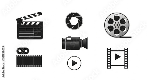 Collection of film and video production icons and symbols.