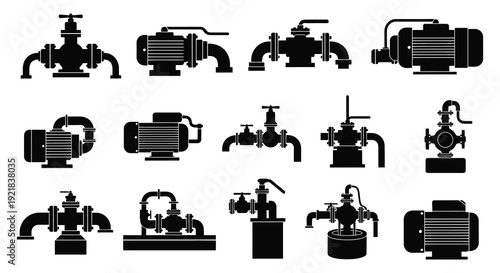 Variety of industrial pumps and valves depicted in black silhouette