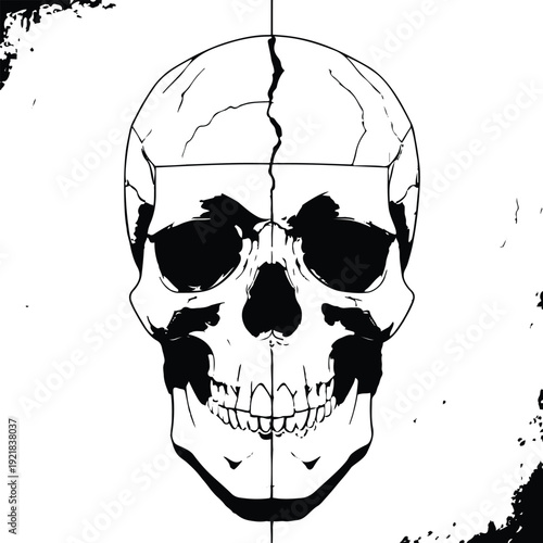 Minimalist horror line art, bold black thick stroke, human skull with simple crack on forehead, hollow eyes and nose, clean geometric proportions, centered