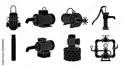 Industrial pumps and valves depicted in a striking black silhouette