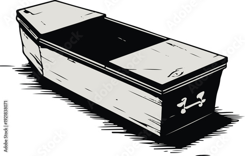 Minimalist horror line art, bold outline, closed coffin with slightly open lid, simple rectangular shape with subtle spooky detail, centered 2