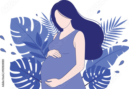 Pregnant Woman Holding Belly with Tropical Leaves Flat Vector Illustration
