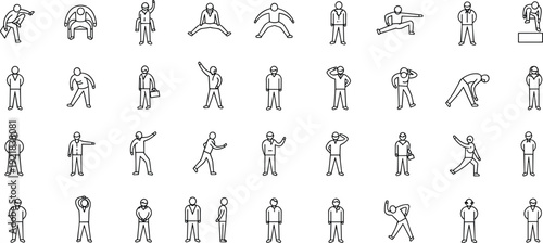 Businessman poses, line art icons, human action set, work movement illustration, character gestures vector, office posture sketch, minimal stick figure symbols, flat design drawing
