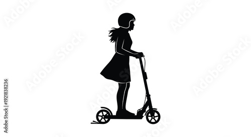 A girl riding a scooter depicted in a striking black silhouette