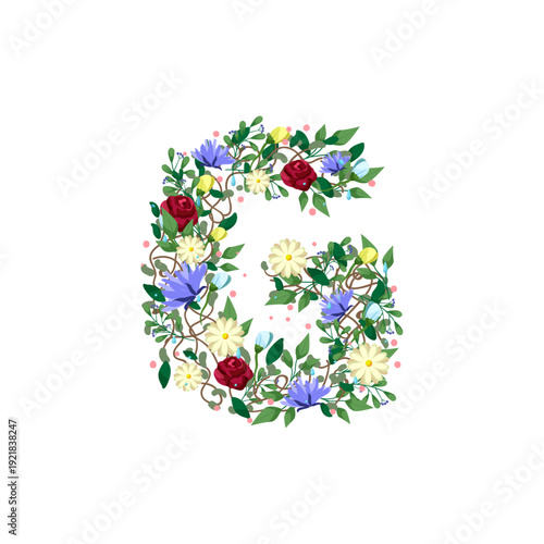 Vector illustration of the letter G decorated with colorful flowers.