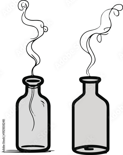  Minimalist horror line art, bold outline, small potion bottle with minimal smoke rising upward