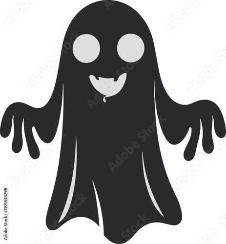  Minimalist horror line art, bold thick outline, floating ghost with smooth rounded sheet body and two hollow eyes, friendly spooky expression, clean silhouette, centered