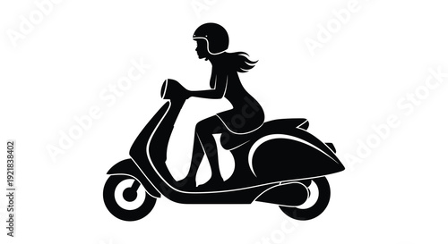 Woman riding a scooter in a striking black silhouette high quality