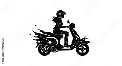Motorcycle rider with flowing hair and star details a striking silhouette