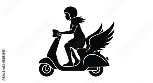 A girl riding a winged scooter a striking black silhouette high quality