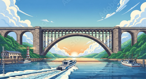 Grand arched railway bridge over a wide river with boats.